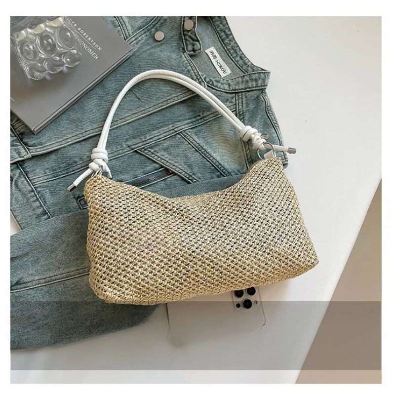 Women Woven Bag Summer Beach Holiday Handbag Portable Tote Bag Fashion Casual Big Capacity Leather Rope Women Shoulder Bags
