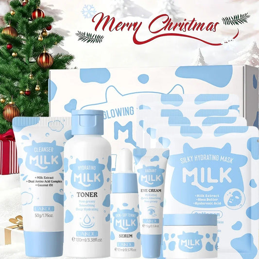 Milk 10PCS Skincare Set - Facial Cleanser Toner Serum Eye Cream Moisturizer +5 Masks Deep Hydration Moisturizing Nourish Brighte