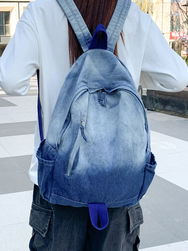 Men's and Women's Backpacks, Student School Bags, Large-Capacity Washed Denim Bags