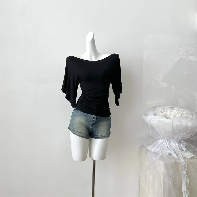 Women's Summer High Stretch Slash Neck Flare Sleeve Slim T Shirt Lady Sexy Pleated Slim Solid Color Pullover Tee Top