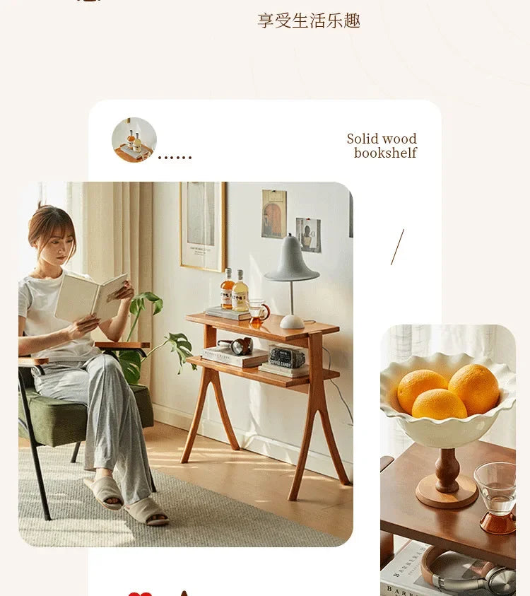 Walnut Solid Wood Middle Ancient Style Sofa Corner Shelf Narrow Cabinet Floor Bookshelf for Small Living Room Storage