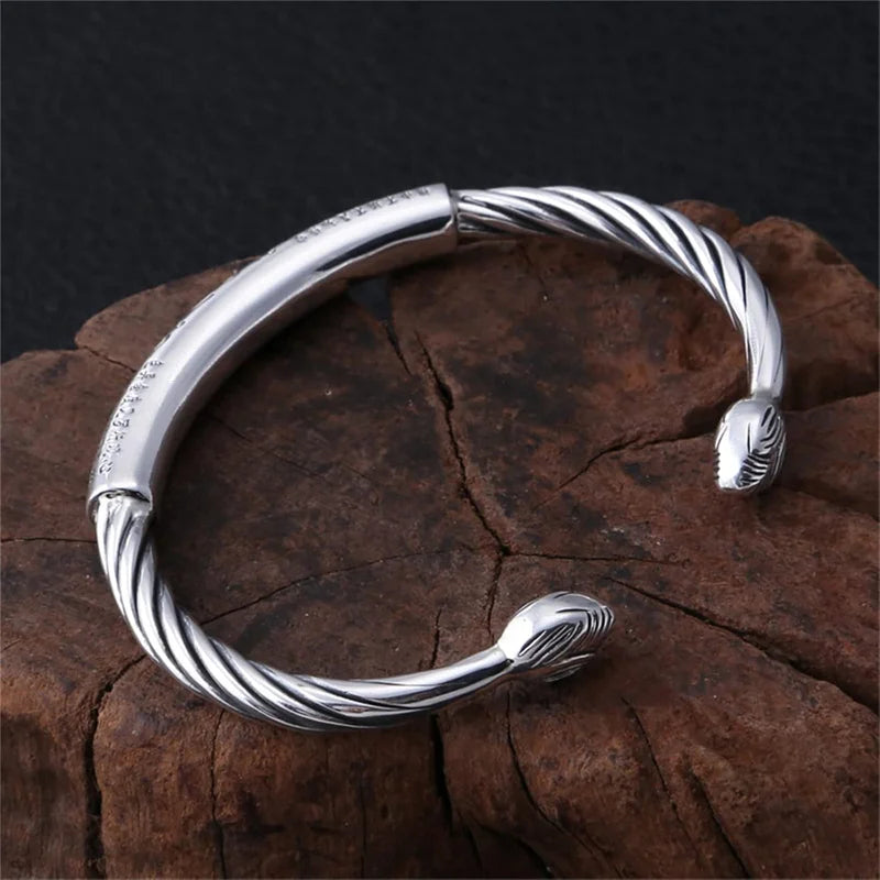 Sterling Silver Personality Retro Six-Character Mantra Leather Bracelet Fashion Woven Men's Bracelet