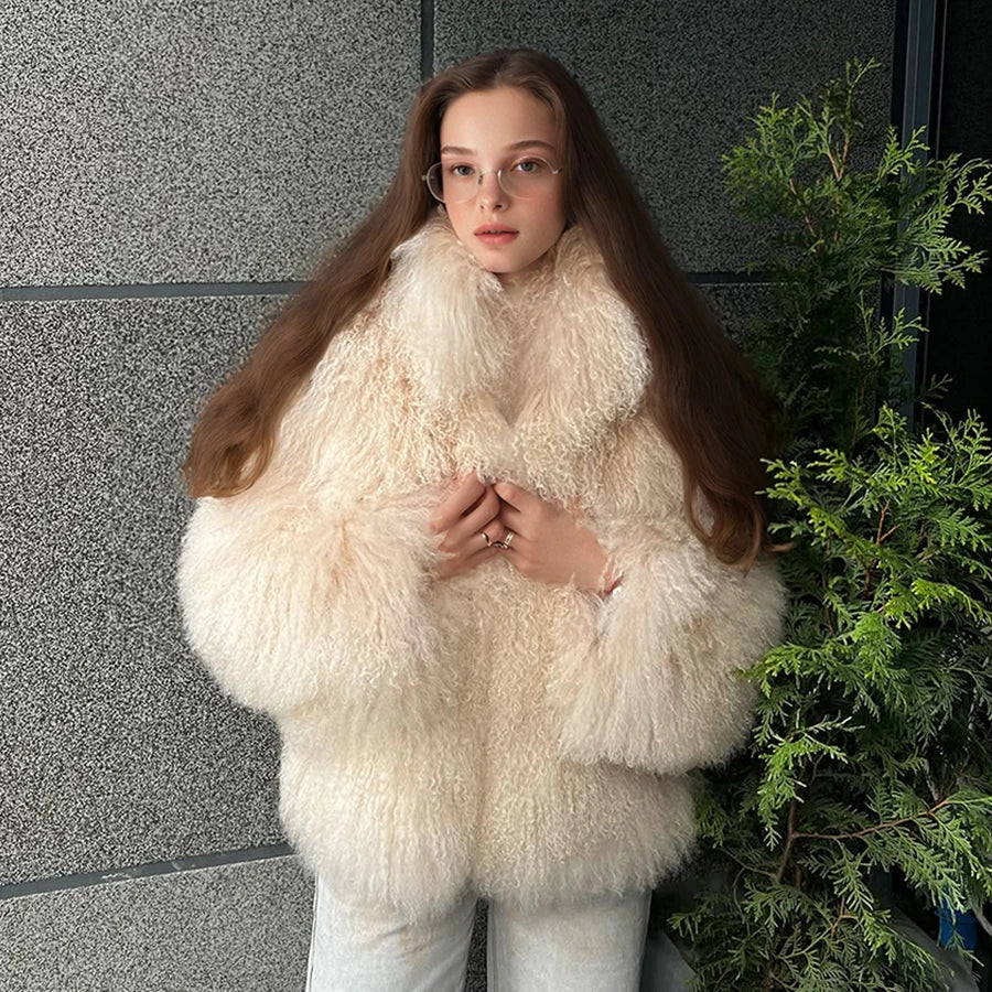 Natural Sheepskin Coat With Stand Collar Natural Sheep Fur Coat Full Skin Lamb Fur Jacket Best Selling Women's Leather Jacket