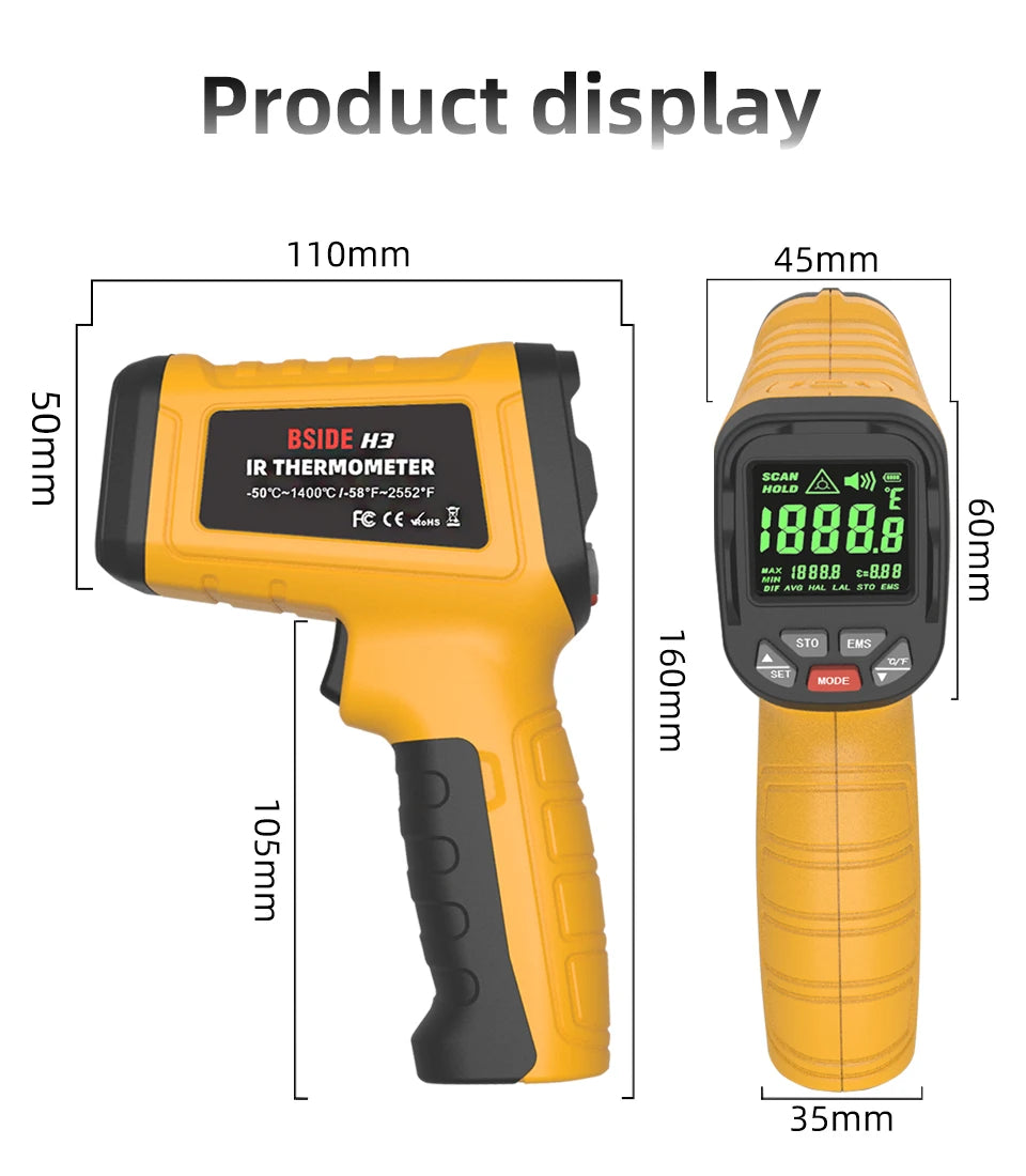 BSIDE H3 Infrared Thermometer Gun -50~1400°C Handheld Digital Laser Industrial  Non Contact Temperature Measuring Tester Tools