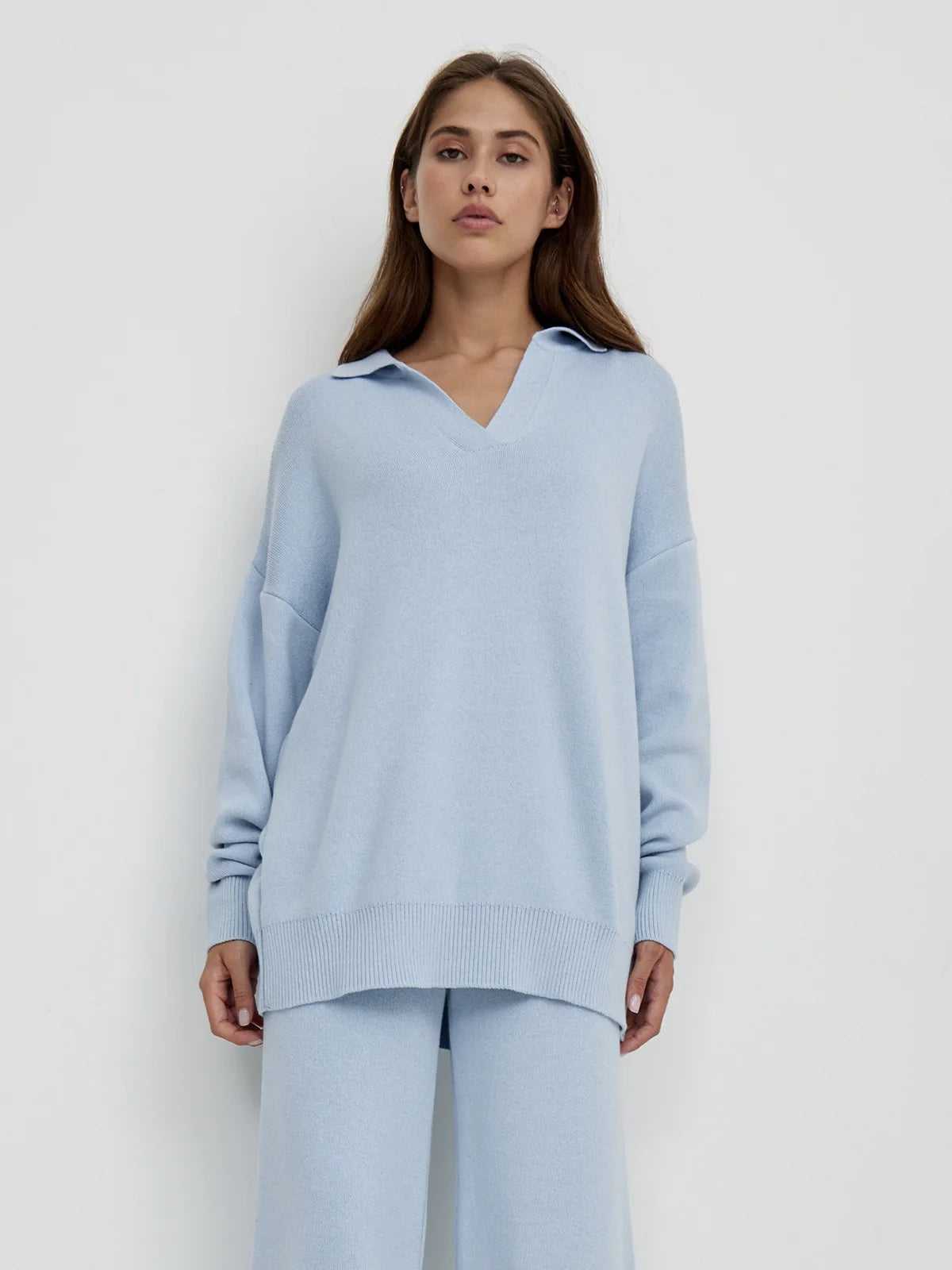 Sumuyoo Winter Thick Women Knitted Suits Cashmere Soft 2 Pieces Sets Female Polo Neck Sweater & Wide Leg Pants Knitted Outfit