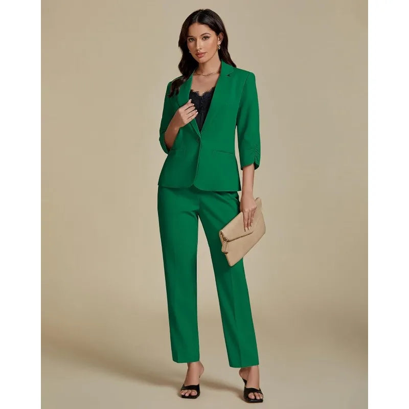 Pant Suits for Women Dressy 2 Piece Business Casual Outfits 3/4 Sleeve Blazer Straight Leg Pant Sets Office Work