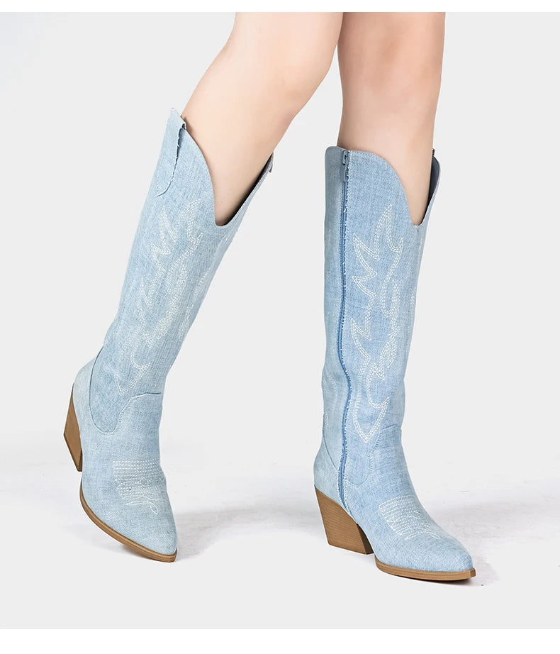 Shoes for Women New Embroidered Western Cowboy Boots Women Autumn Pointed Toe Thick Heel High Knee Boots