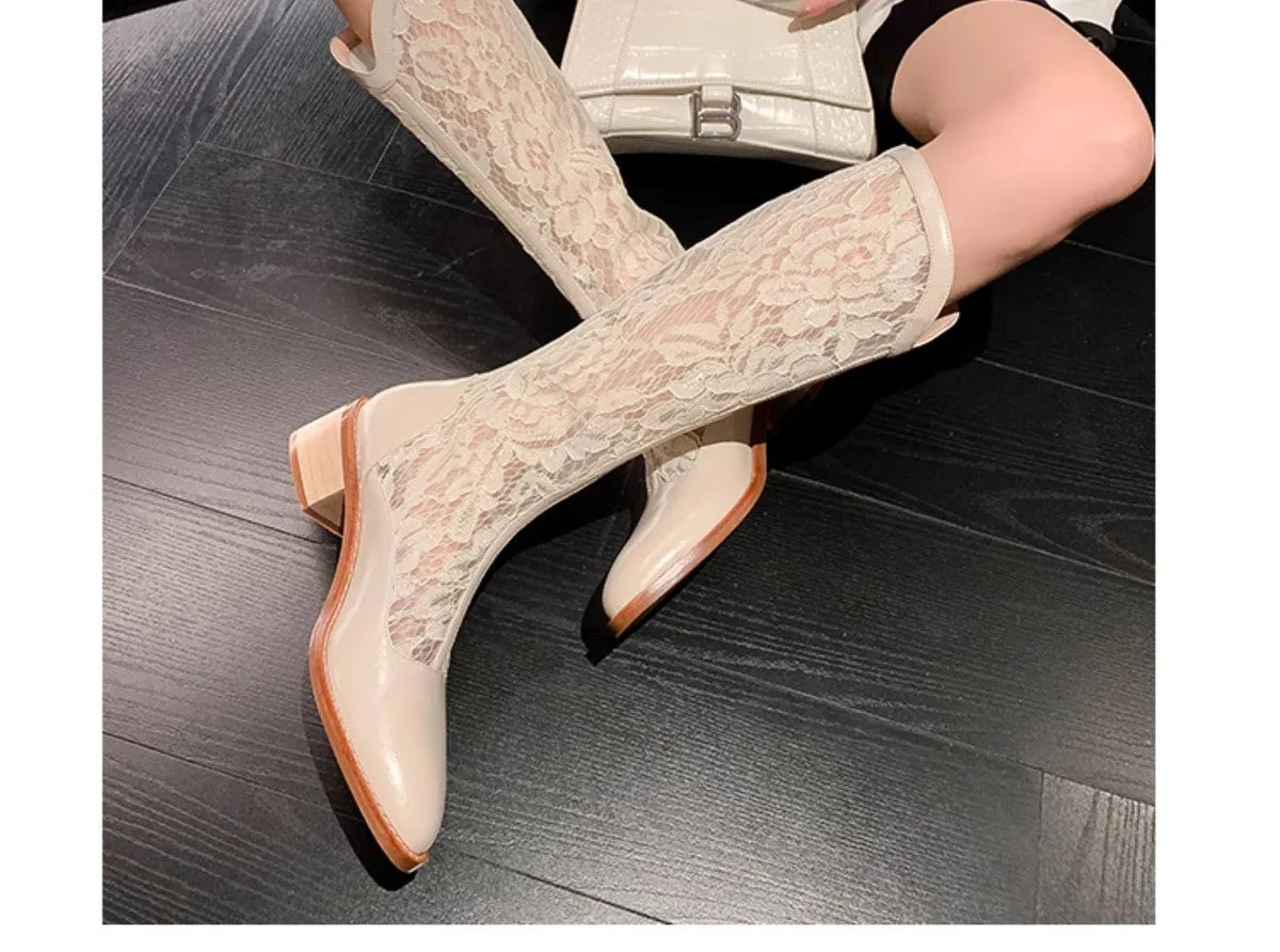 Woman Fashion Lace Flower Boots Thick Heel Pointed Toe Mid-calf Boots Female Footwear Summer Size 41 Breathable Botas De Mujer