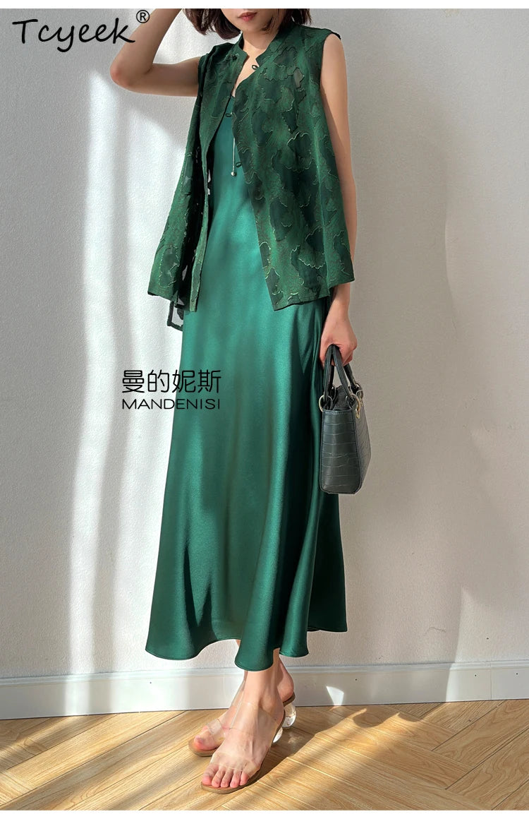 Tcyeek 100% Natural Mulberry Silk Long Dress 21MM Real Silk Summer Dresses for Women 2026 Elegant Dresses Womens Clothing Платье