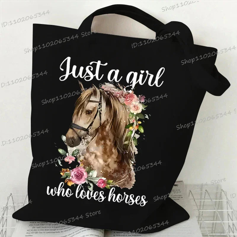 Women's Tote Bag Just A Girl Who Loves Horses Print Canvas Large Capacity Shopping Bags Horse and Flower Commuter Shoulder Bag