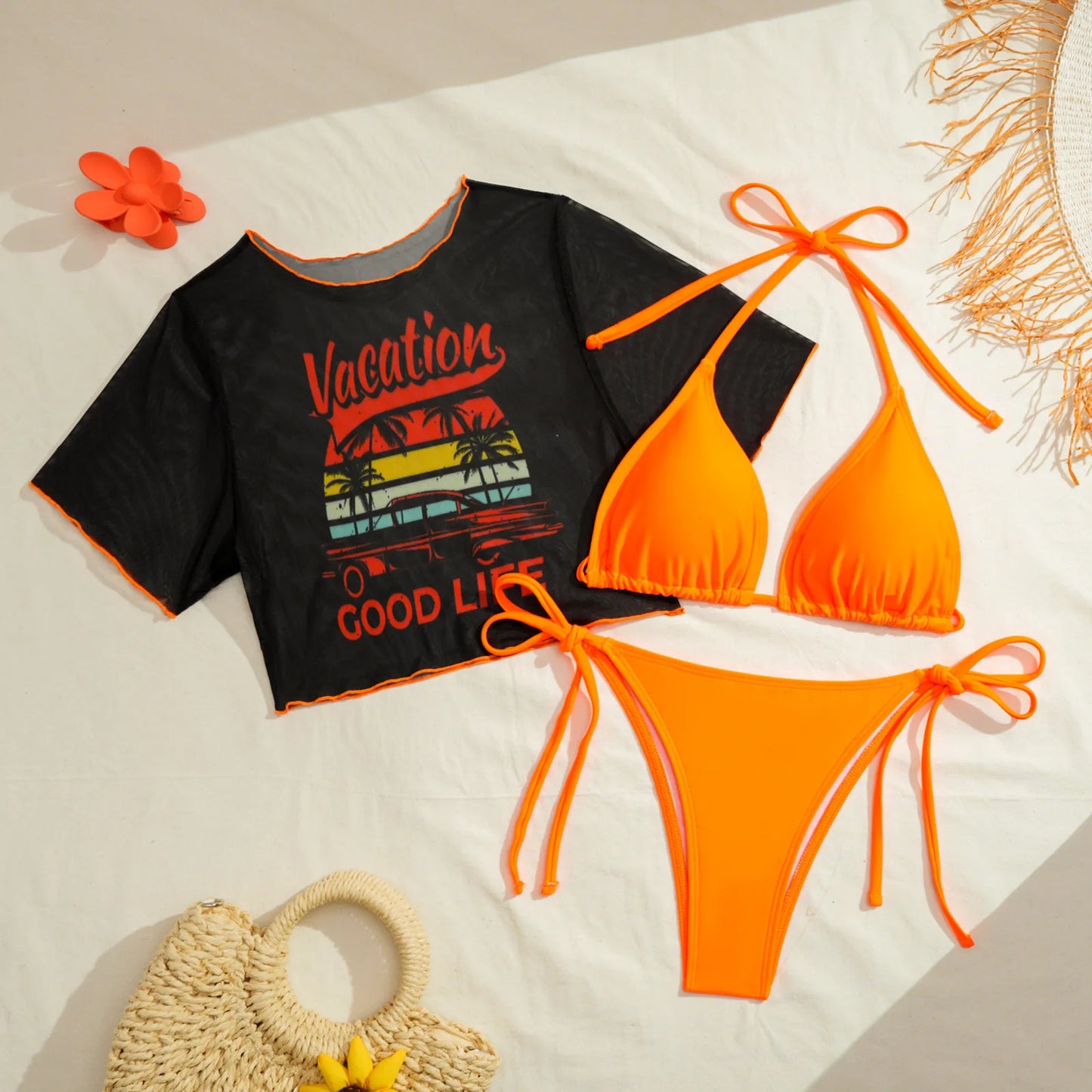 Bathing Suit Women European And American Sexy Fashion Tropical Positioning Printing Women's Three-piece Swimsuit BIKINI