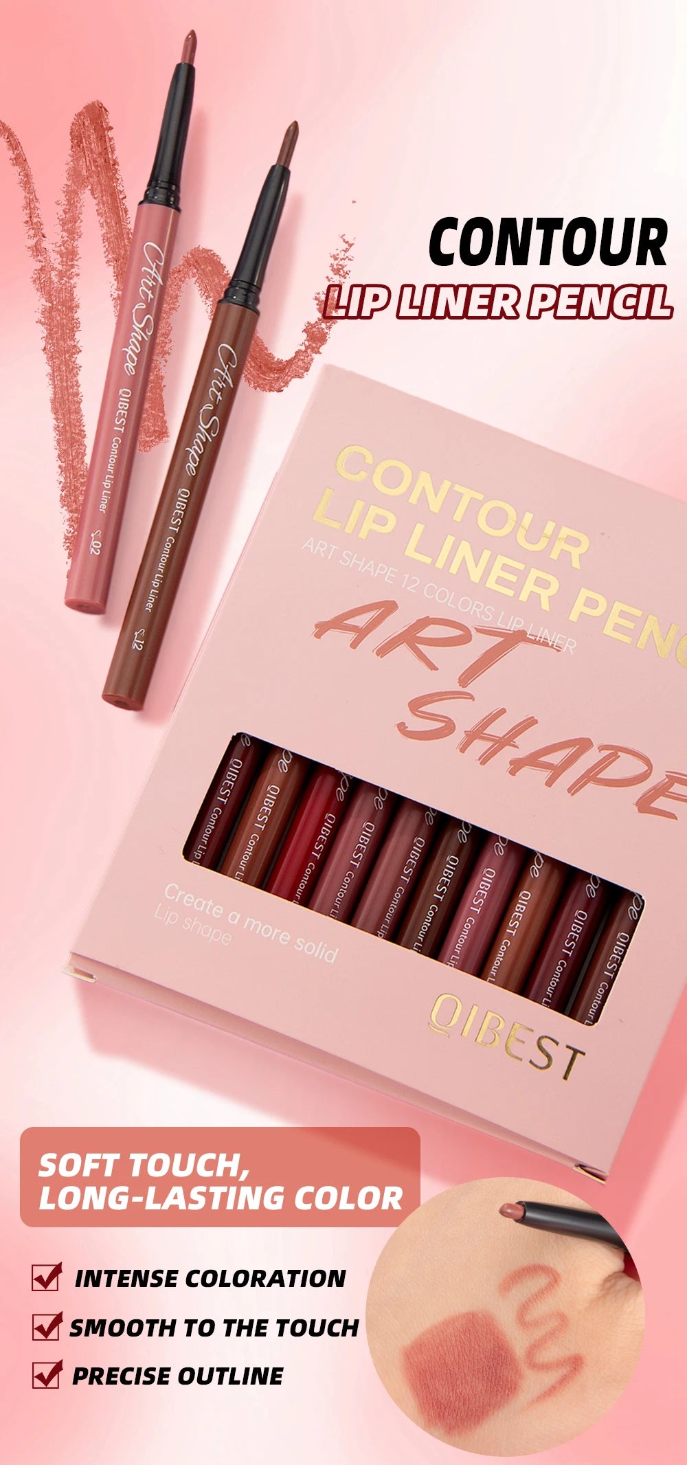 QIBEST Matte Lip Liner Set 12 Colors Nude Shades Lipliner Pen Waterproof Lip Contouring Pencils Lasting Makeup Kits Lipstick Pen