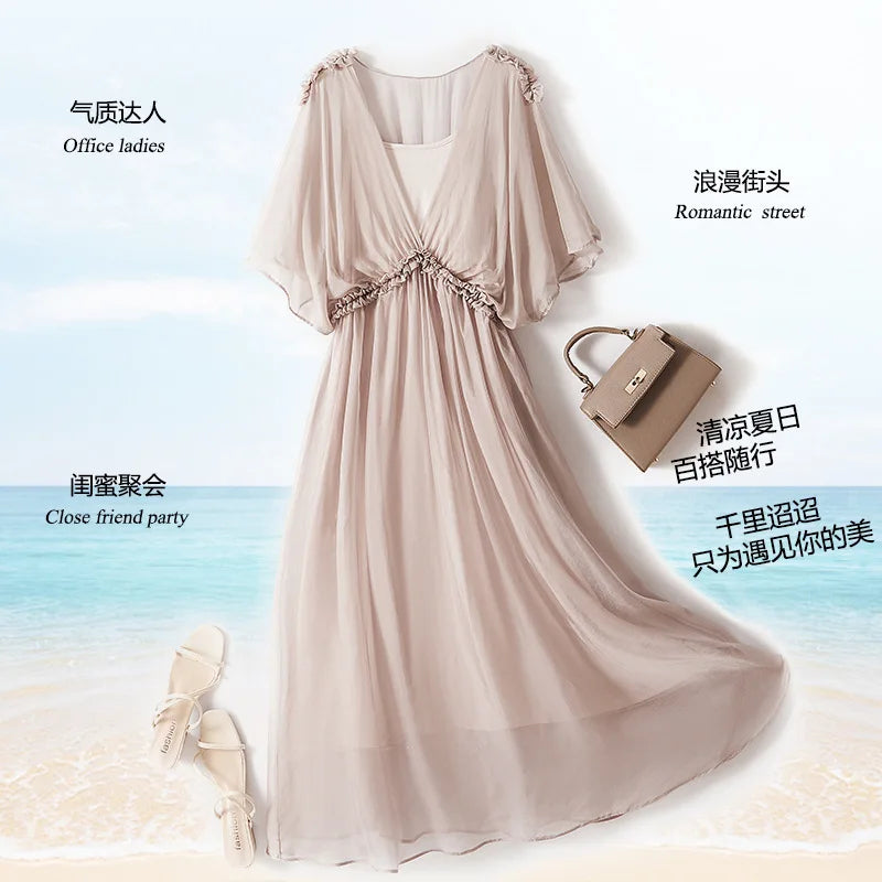 100% Silk Dress New Fashion Summer Dresses For Women 2024 High Quality Casual Dress Women Elegant Midi Dress Vestido Feminino Lq