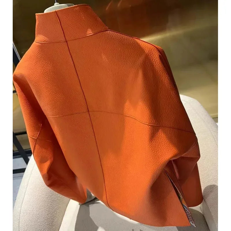 New fashion 2025 women coat sspring orange import real sheepskin jacket floral pattern lining short length big pockets