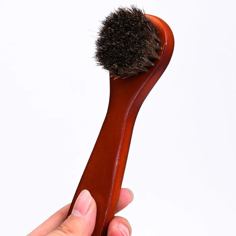Small Round Head Horsehair Brush with Handle Multi-Functional Face and Hat Brush Soft Bristle No Shedding Leather Shoe Brush