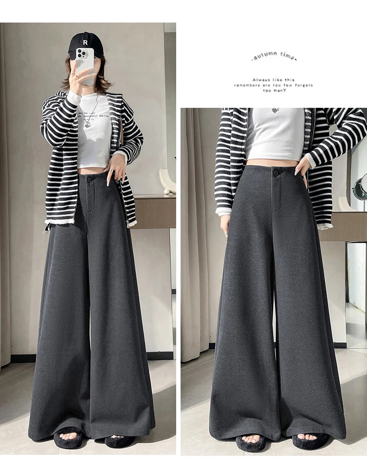 High Quality Woolen Suit Wide-leg Pants Women Fall Winter High-waisted Loose Trouser Female Chic Solid Thick Outwear Bottoms New