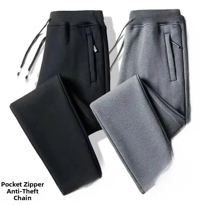 Men's Fleece Lined Trousers Loose Fit Straight Leg Casual Pants with Pockets Zipper Closure Autumn Winter Outerwear