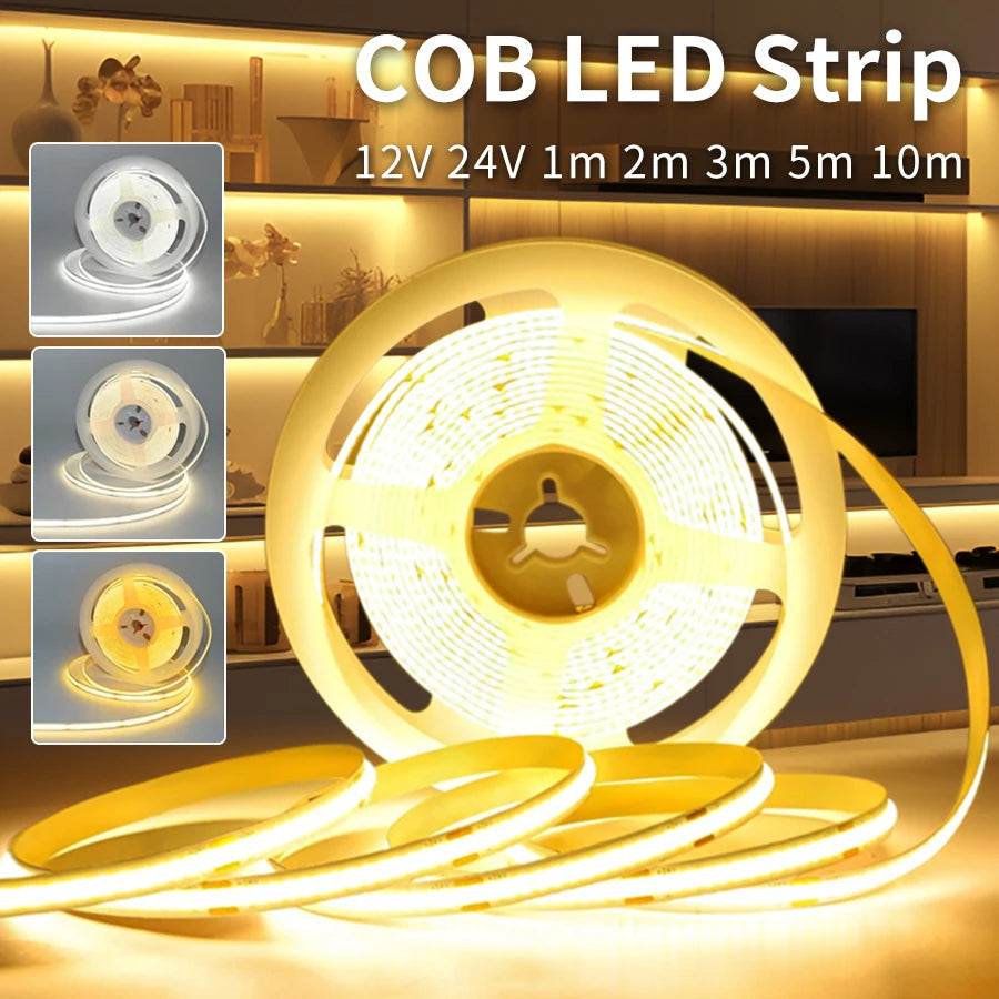 COB LED Strip Lights 12V 24V 10M 5M 3M 2M 1M 320LEDs/M High Density Flexible LED Tape 2700K 4500K 6000K Kitchen Room Decor 8mm