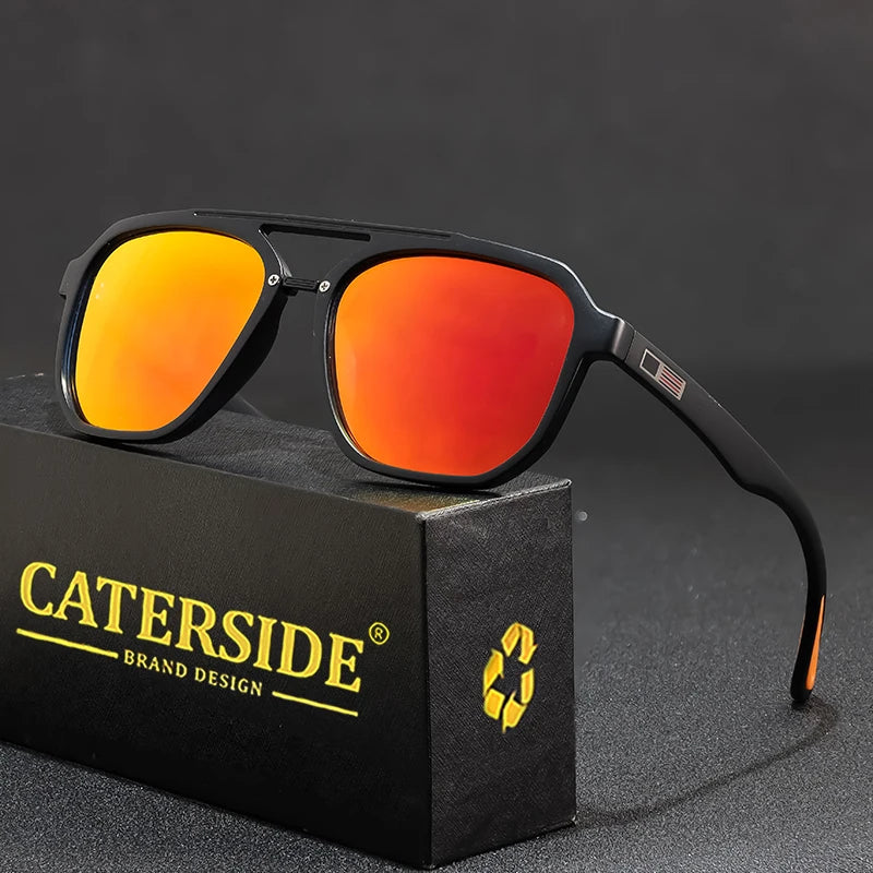 CATERSIDE New Polarized Sunglasses Men's Round Flat Top Double Bridges TR Frame Spring Hinge Women Sun Glasses Sports Driving