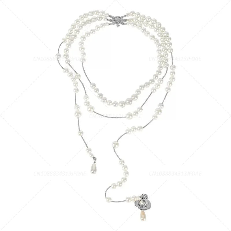 Multilayered Elegant Pearl Fringed Necklace Niche High-end Feel Asymmetric Drape Neck Chain Trendy Vintage Necklace