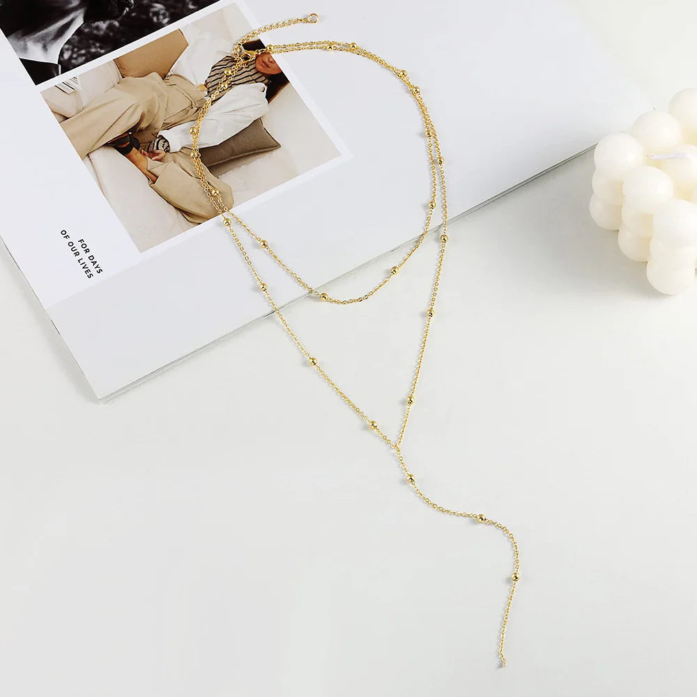Dainty Long Necklace 14k Gold Plated Y-Shaped Pendant Necklace Trendy Layered Cz Beaded Necklaces Stainless Steel Jewelry