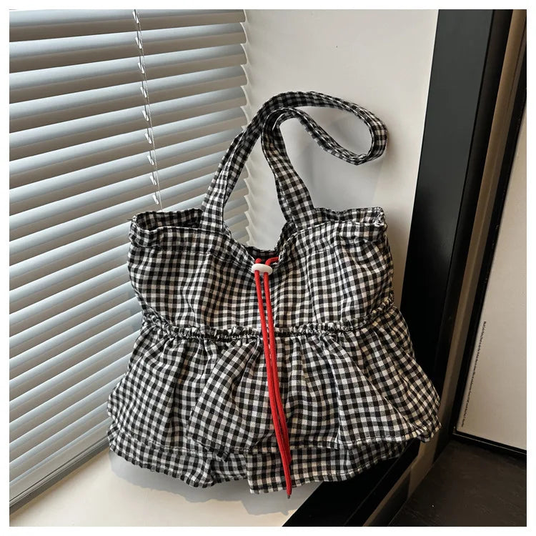 Women's Tote Bag Ruffles Plaid Drawstring Handbag Women Fashion Canvas Shoulder Bags	Large Capacity Korean Bags Bolsos De Mujer