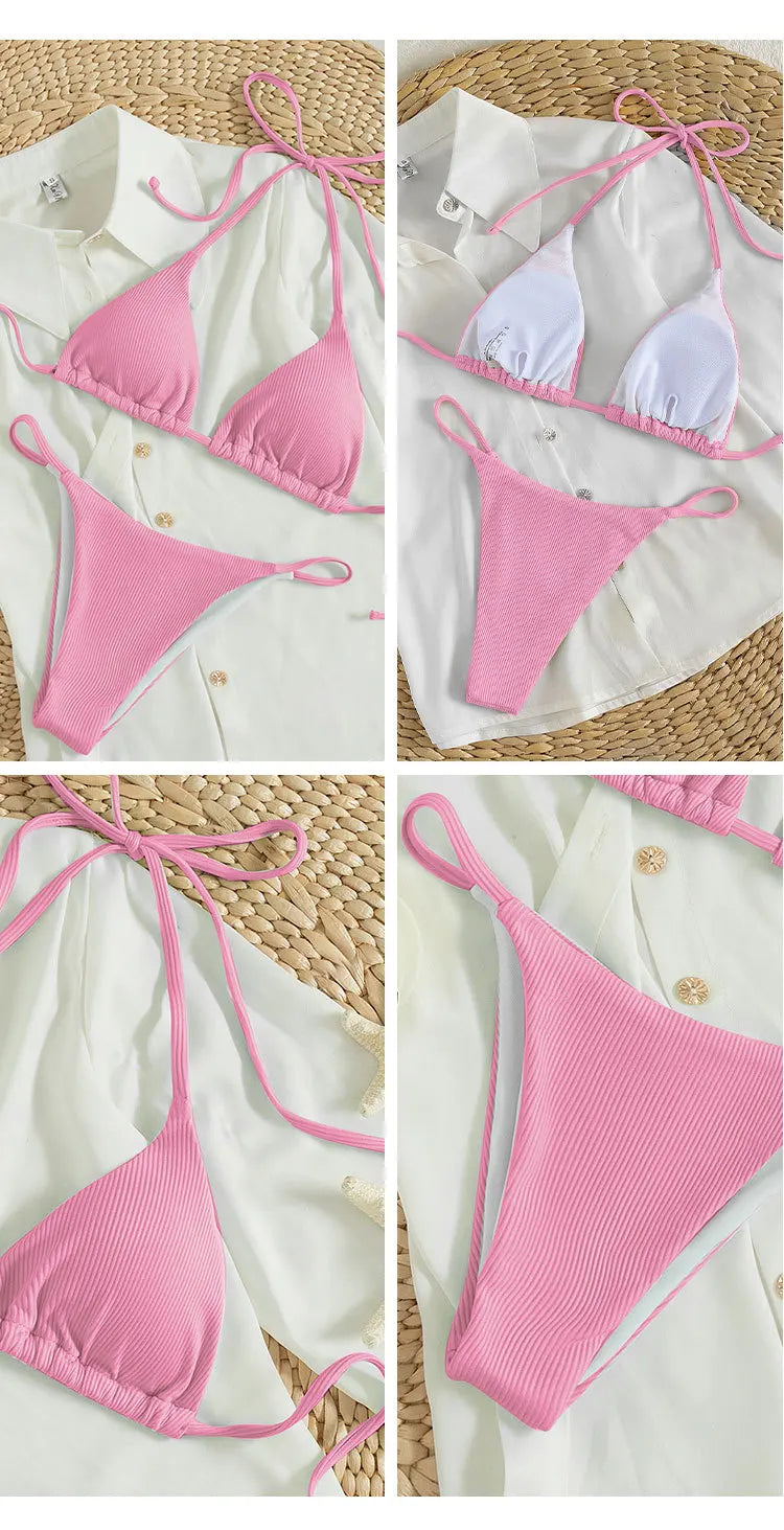 Bathing Suit Women Sexy Solid Halter Swimsuit Special Stripe Fabric Bikini Set Drawstring Lace Up Two-piece Split Beach Biquini