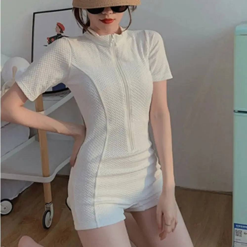 New Fashion Short Sleeve Swimming Suit Solid Half High Collar Bathing Suit Blue High Neck Rash Guard Swimming