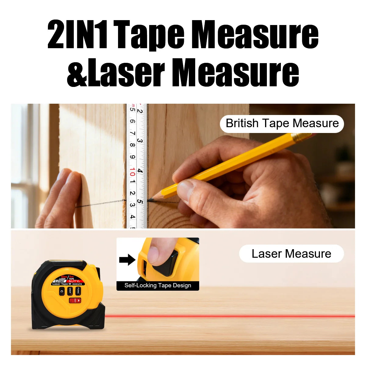 3-in-1 Laser Tape Measure British 60m/196ft  40m/131ft Laser Distance Meter Cross Laser Level Belt Buckle Design Self-lock Tools