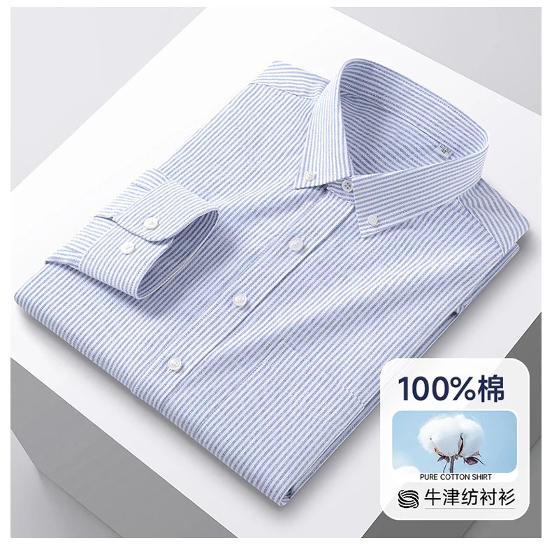 100% Cotton Men's Oxford Shirts Spring Autumn Long Sleeve Basic Casual Solid Striped Button Down Social Business Formal Plus 5XL