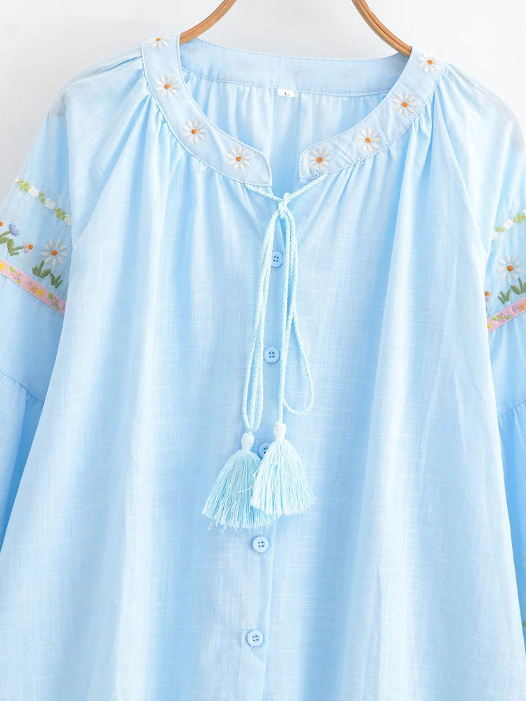 Retro Vintage Fashion Women Floral Embroidery Linen Cotton Beach Bohemian Blouse Shirts Tops Long Sleeve Loose Boho Blusas