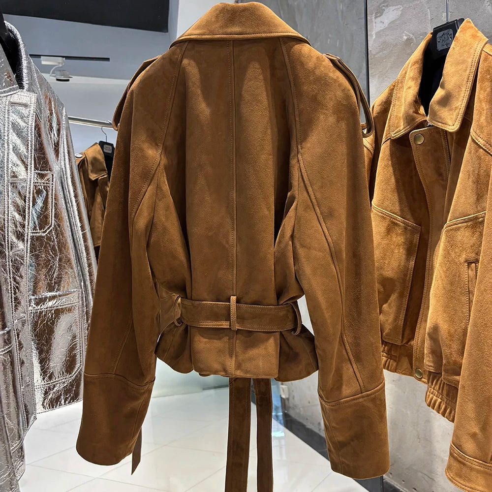 YOLOAgain Real Leather Jacket Women Burgundy Grain Leather Jacket With Belt