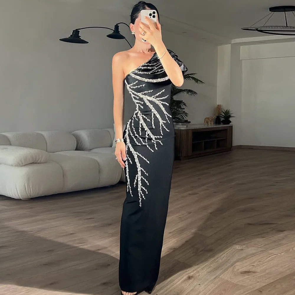 Black Dresses Woman Elegant One Shoulder Shining Rhinestones Bodycon Red Bandage Long Dresses Party Cocktail Dress Evening Dress