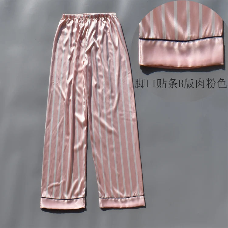 Pajama Pants For Women Silk Satin Trousers Stripes Thin Loose Plus-size Ice Home Pants Night Wears Sleep Bottoms For Female