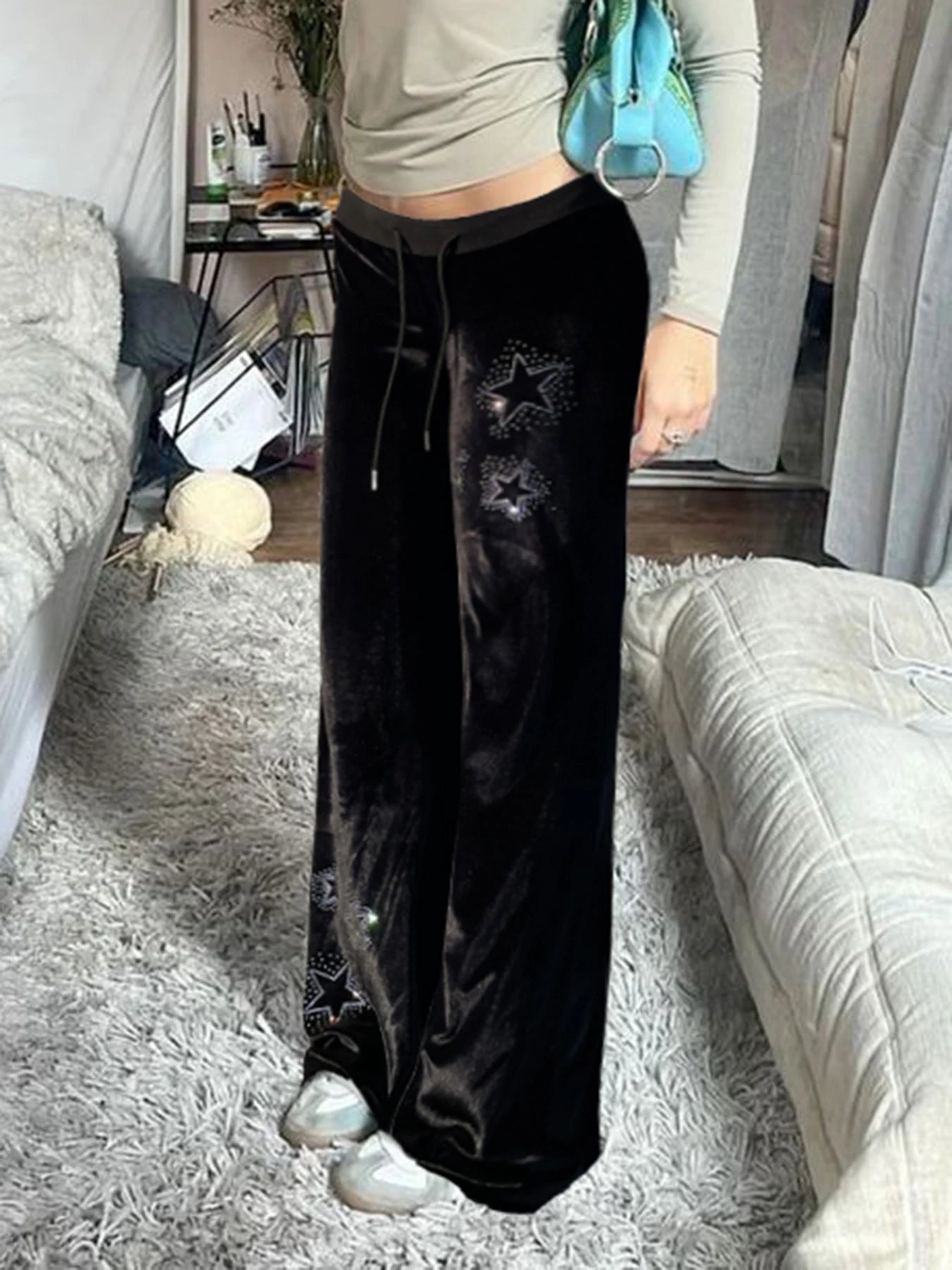 AltGoth Y2k Streetwear Gothic Velvet Pants Women Dark Cyber Punk Harajuku Grunge Pentagram Printed Low Waist Stright Pants Femme