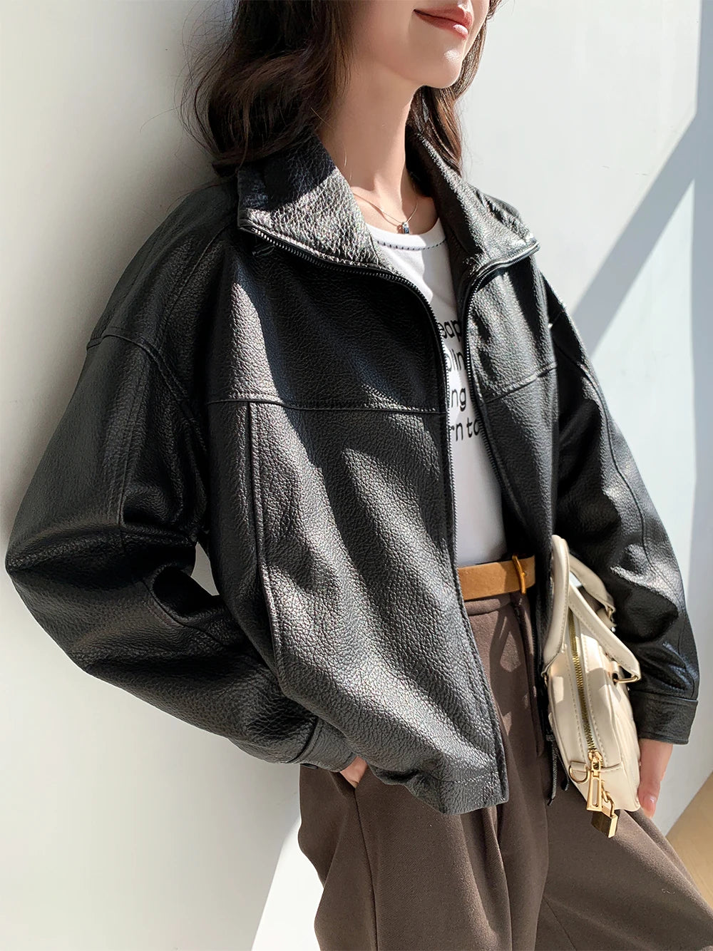 Vintage Genuine Leather Cropped Jackets for Women Spring Autumn 2025 New High-end Simple Stand Collar Bubble Real Sheepskin Coat