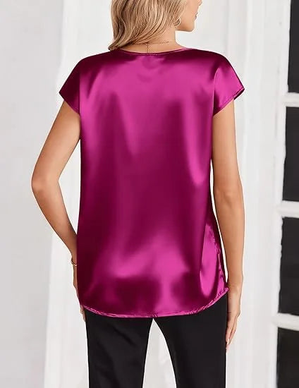 Women's Summer New T-shirt Casual V-Neck Short Sleeve Blouse Business Casual Tops Satins Silk Summer Shirt Work Solid Color Tops