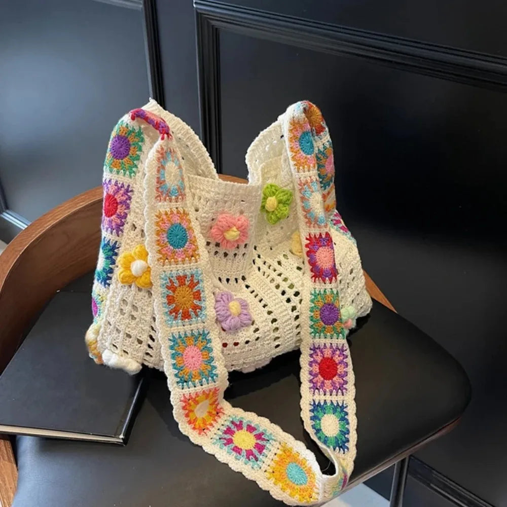 Fashion Large Capacity Women Shoulder Bag Floral Crochet Vintage Handbag Boho Hollow Out Knitted Crossbody Bags