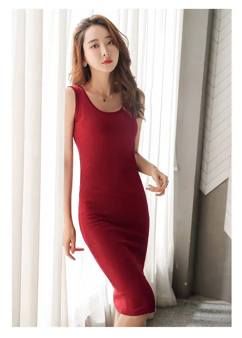 Summer Tank Top Style Dress Women Simple All-match Solid Color Package Hip Slim Sleeveless Dresses Commuting Style Midi Vestidos