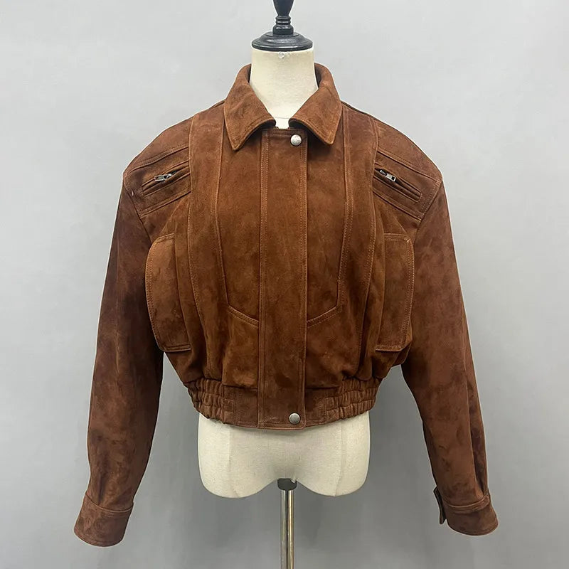 2025A Lady's Fashion Real Suede Jacket Genuine Goatskin Suede Bomber Jacket Oversize Leather Coat Women's Suit