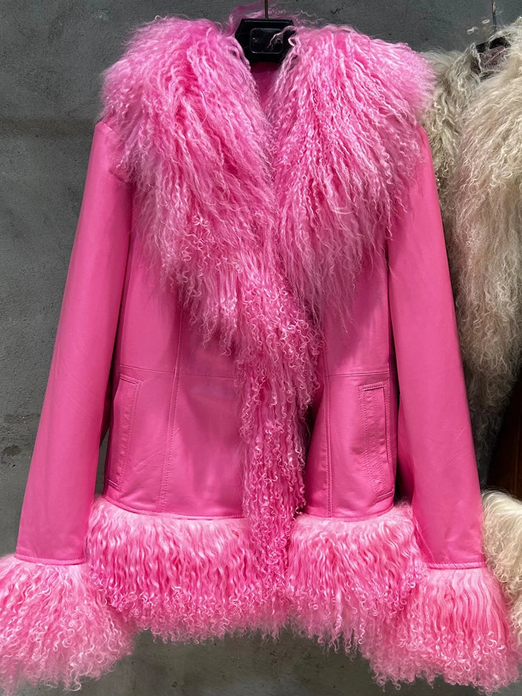 Black Suede Mongolian Sheep Fur Coat Women Fur Jacket with Long Sleeve New arrival Winter Real Fur Coat