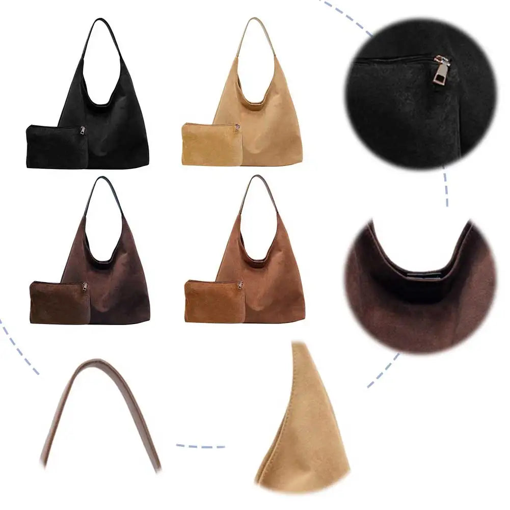 Women Suede Shoulder Bag Large Capacity Tote Bag Trendy Retro Handbag with Pocket for Work Travel Shopping