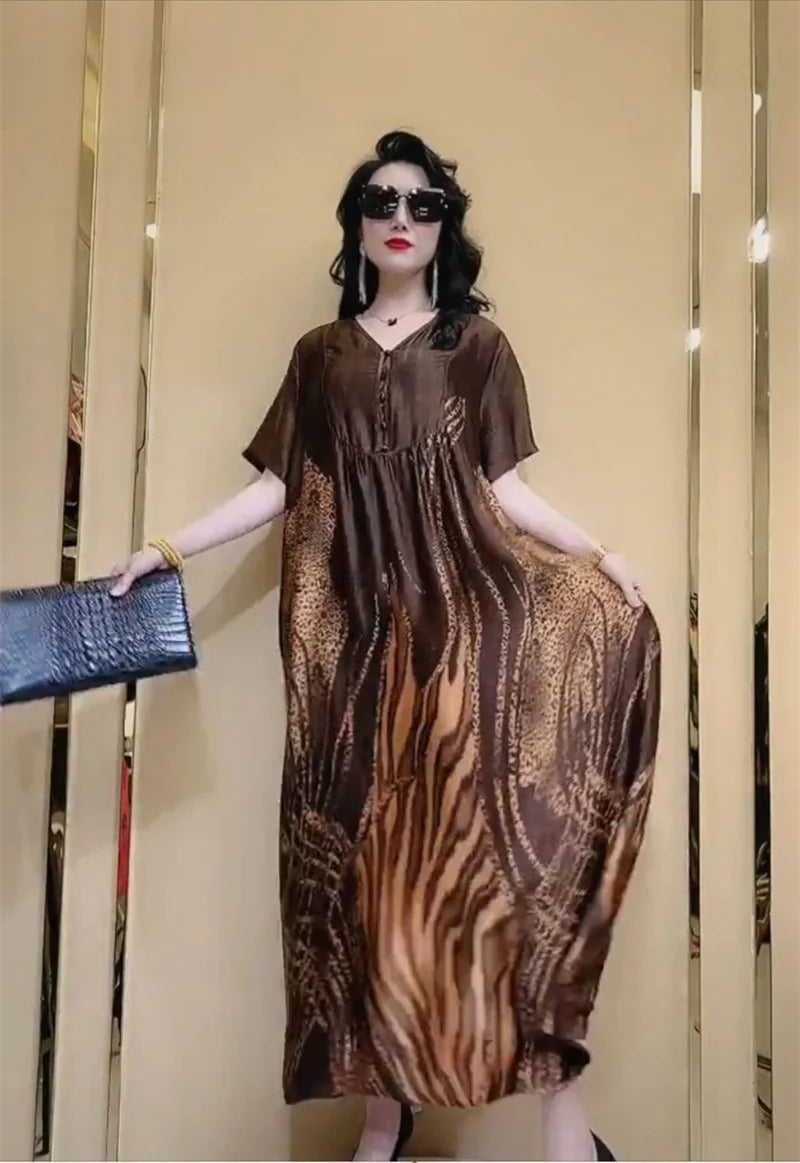 High end brand Ice silk dress 2025 Summer New Style Stylish and Fashionable Covering Belly Slim Women's French Silk Long Dress