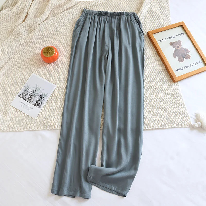 Thin Solid Color Summer Sleep Bottoms Ice Silk Satin Couple Sleeping Pants Loose Mosquito Proof Pants for Women and Men