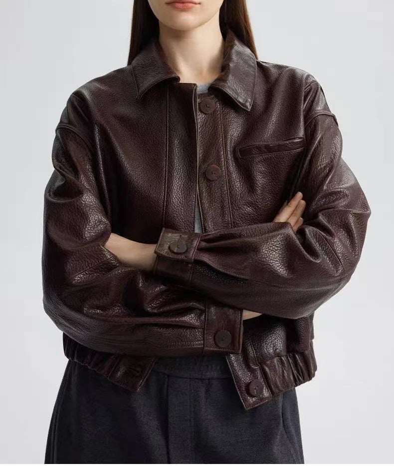 Retro Leather Bomber Jackets for Women Genuine Foam Leather Bubble Texture Short Coat Female Square-Cut Lapel Slim Fit Chaquetas