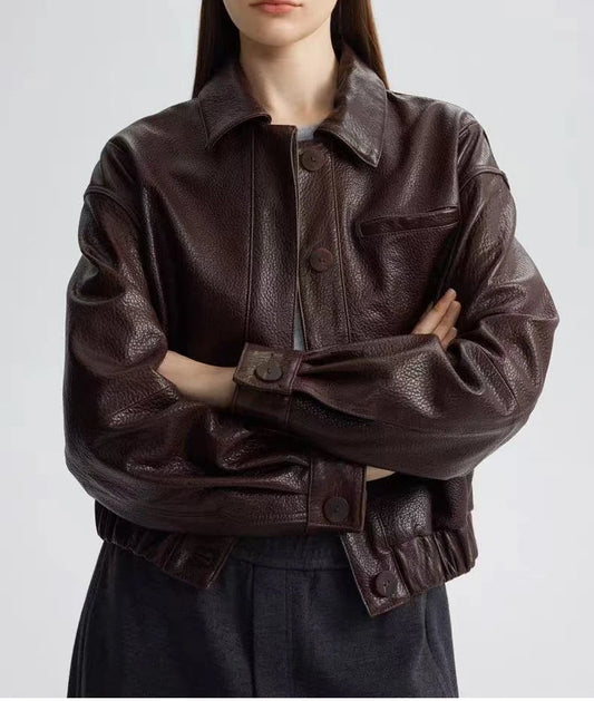 Retro Leather Bomber Jackets for Women Genuine Foam Leather Bubble Texture Short Coat Female Square-Cut Lapel Slim Fit Chaquetas