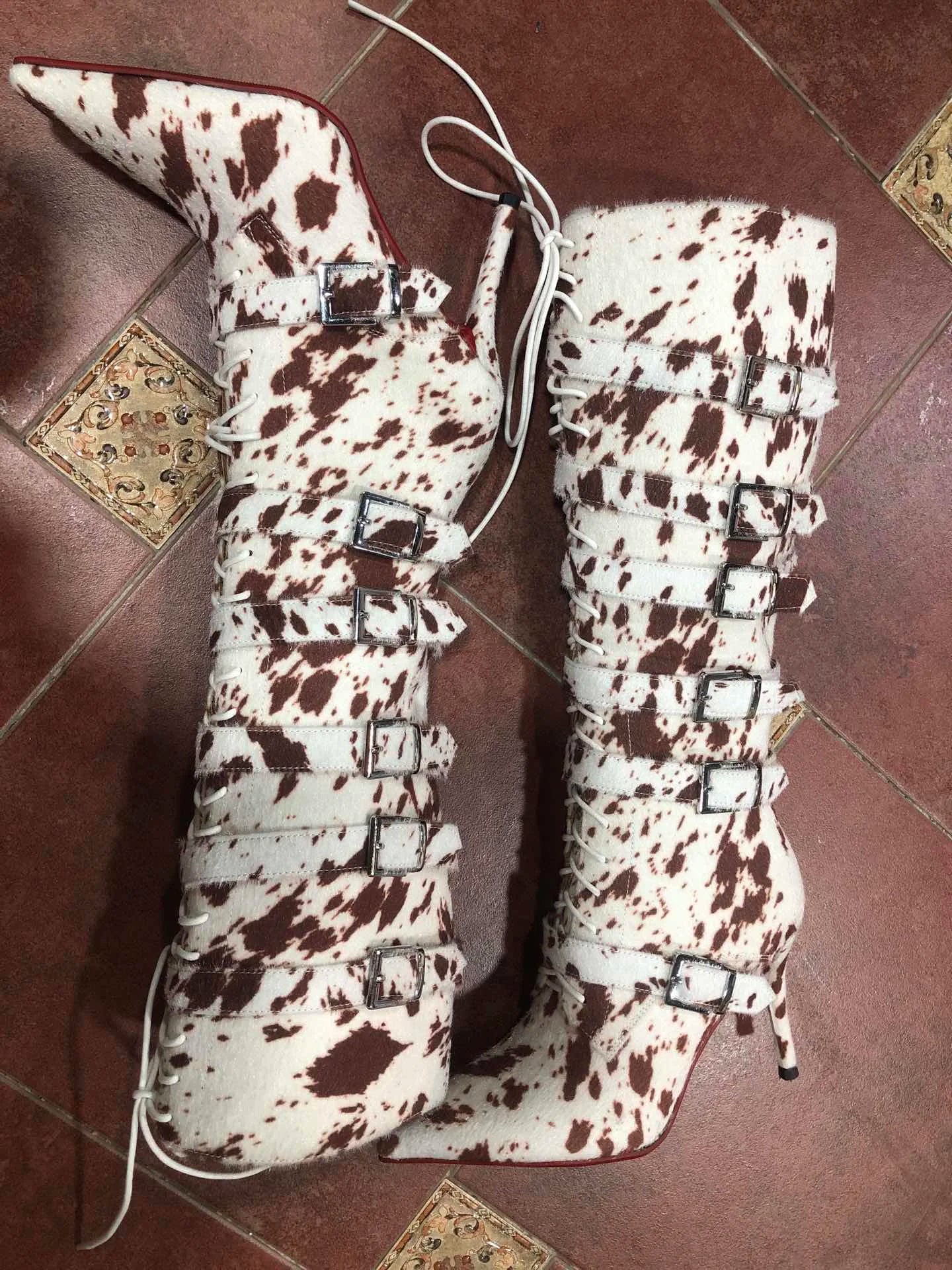 Autumn/winter New Women's Fashion Horsehair Metal Belt Buckle Lace-Up Knee-High Boots Stiletto Pointed High-Top Knight Boots