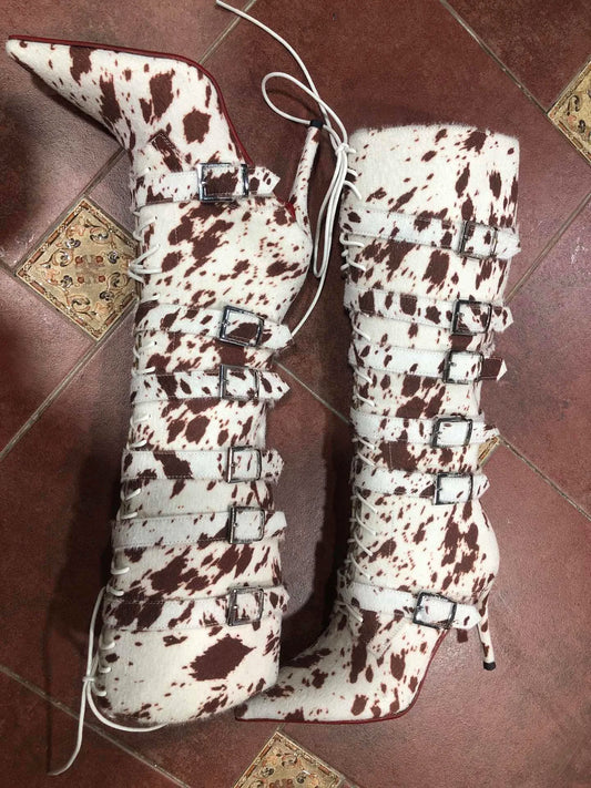 Autumn/winter New Women's Fashion Horsehair Metal Belt Buckle Lace-Up Knee-High Boots Stiletto Pointed High-Top Knight Boots