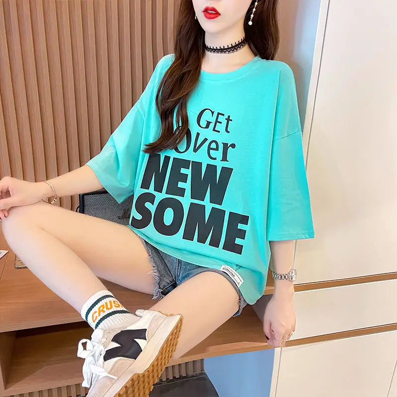 Women's T-shirt Summer Outfit Graphic Short Sleeve Cotton Top Female Baggy Trending Clothing Korean Popular Clothes Cheap Woman