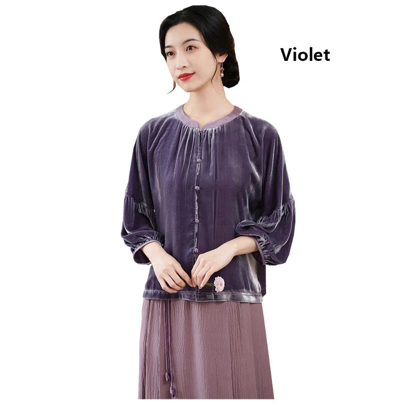 Silk Velvet Shirt for Women, Elegant Temperament Shirt, Mulberry Silk, Vintage Blouse, Violet Light, Comfortable, Spring Autumn